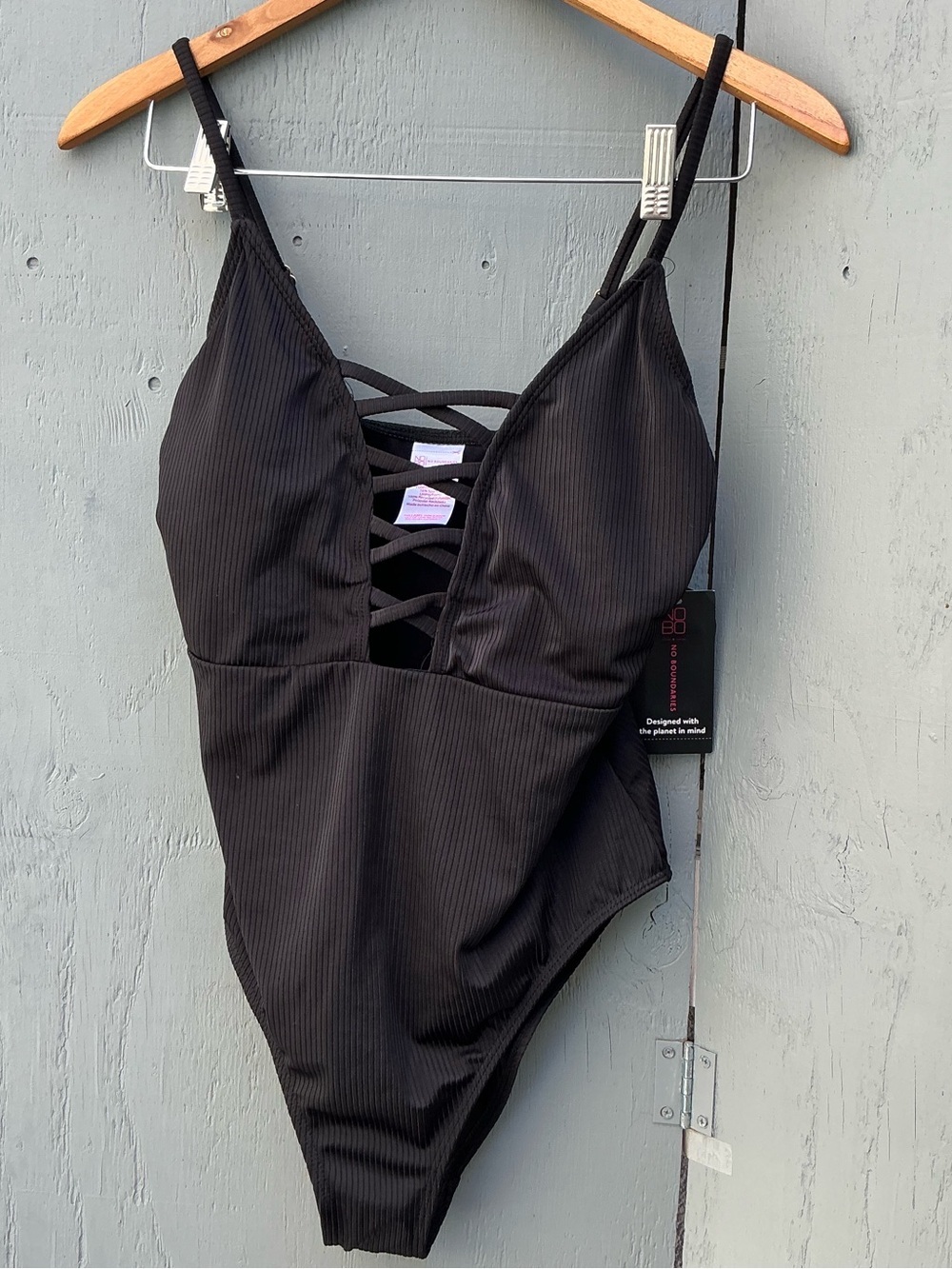No Boundaries Black Ribbed One-Piece Swimsuit with Lace-Up Front